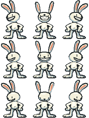 Nine pixel Max poses, arranged from looking upward to looking downward, each with left, front and right views.