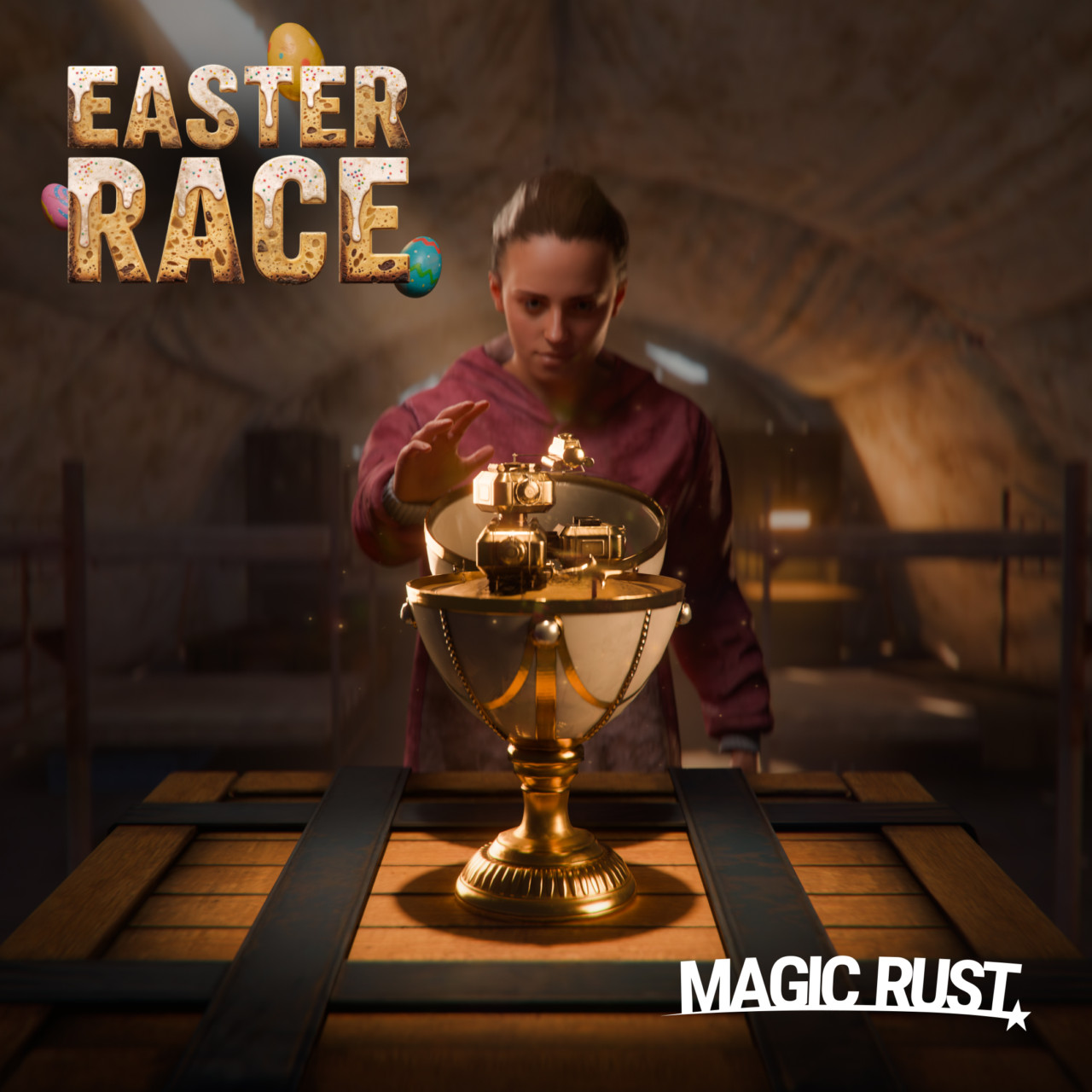 Easter Race key art with a golden trophy