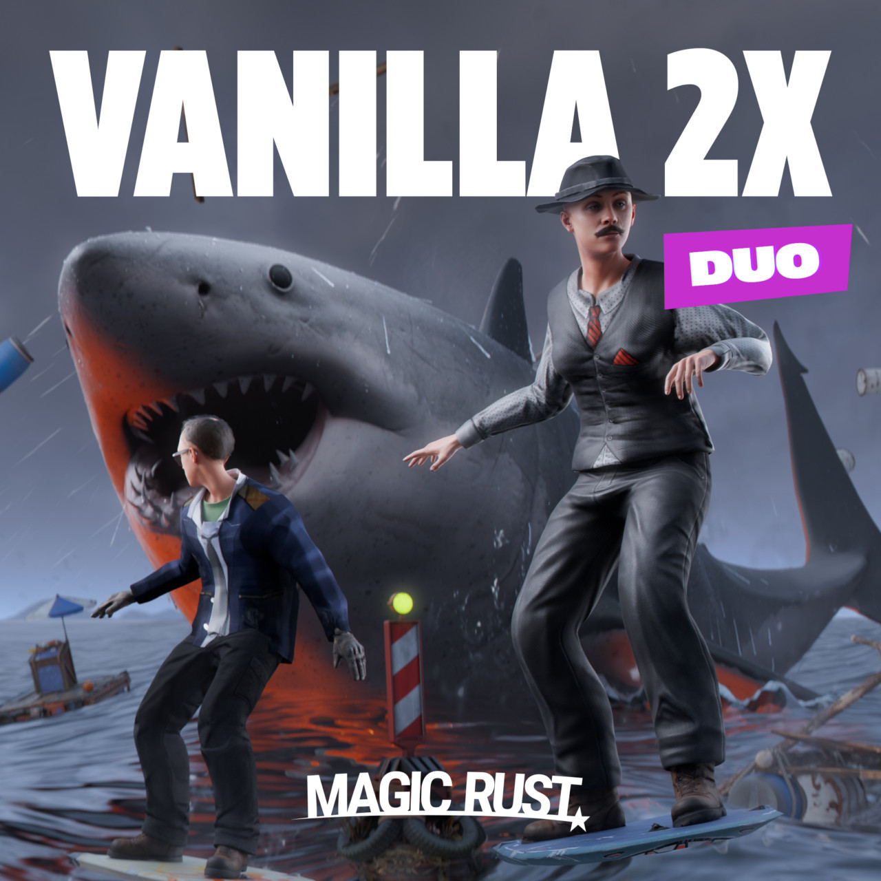 Magic Rust Vanilla 2X Duo key art with a giant shark and two characters