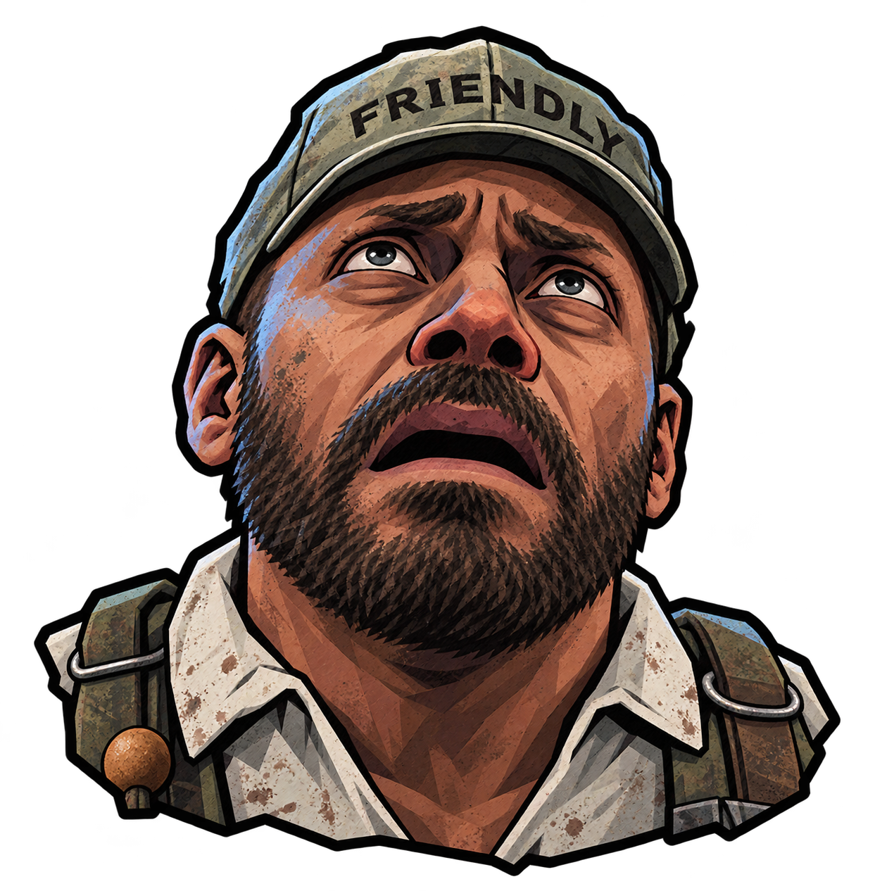 Friendly in his cap, staring upward in stunned disbelief.